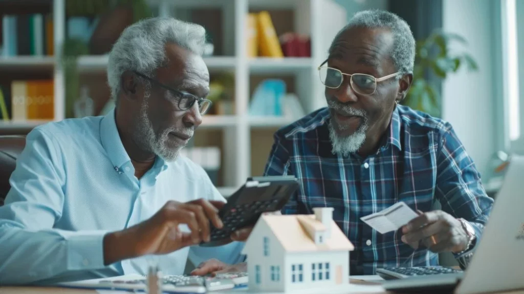 Cette image représente deux hommes travaillant ensemble sur des calculs financiers, probablement liés à un projet immobilier avec une maquette de maison en évidence sur la table.